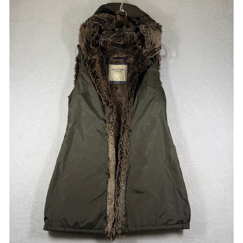 Abercrombie & Fitch Womens Hooded Puffer Vest Liner Olive Green Faux Fur Medium